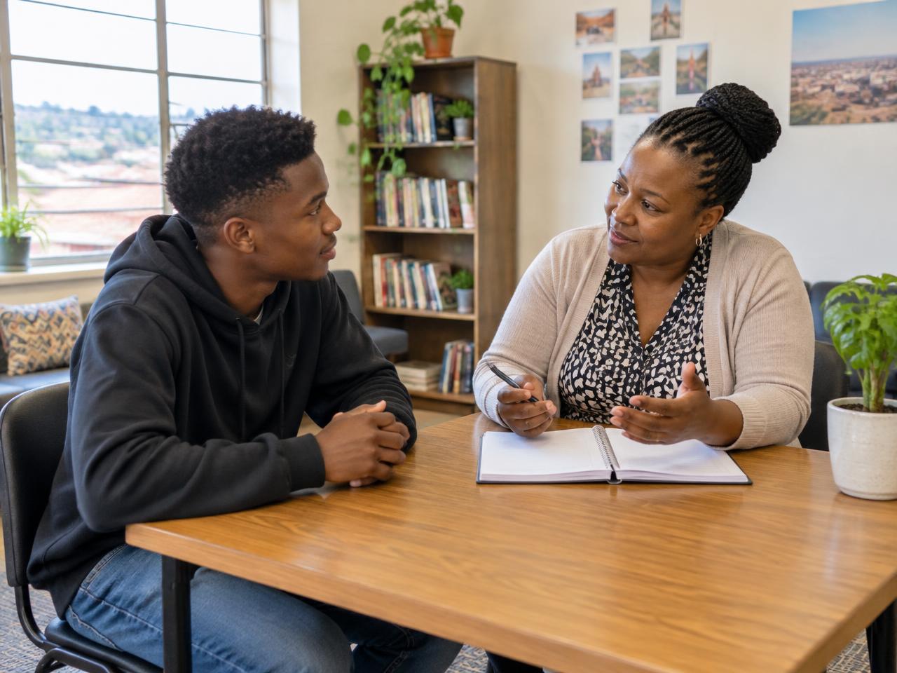 A Black African young adult discussing ideas with a mentor